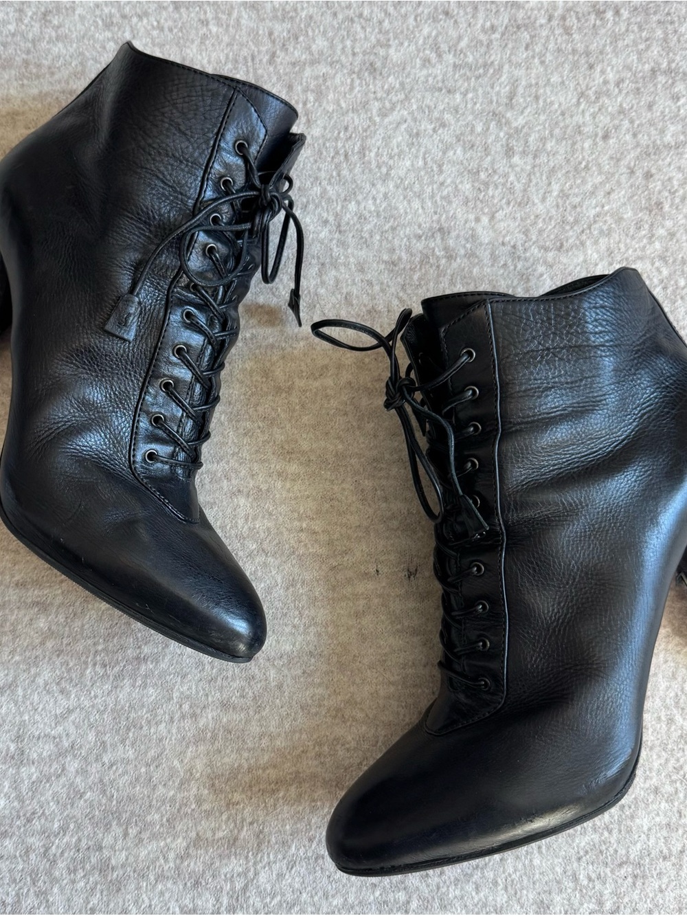 Prada Black Lace-Up Leather High Heel Ankle Boots - Picture 2 of 7